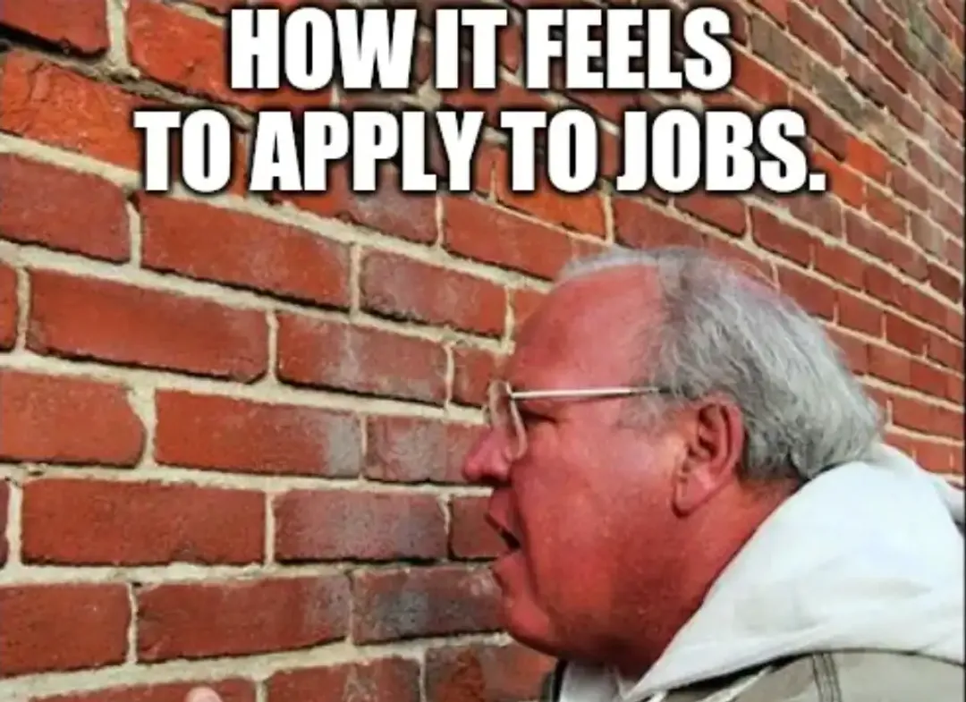 Meme photo of an older man pressing his face into a brick wall, tongue out, captioned 'How it feels to apply to jobs'