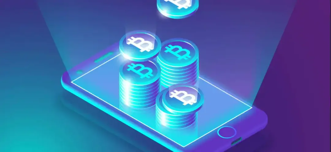 Isometric illustration of glowing gold Bitcoin coins stacked and floating above a smartphone screen, set against a purple-to-cyan gradient background