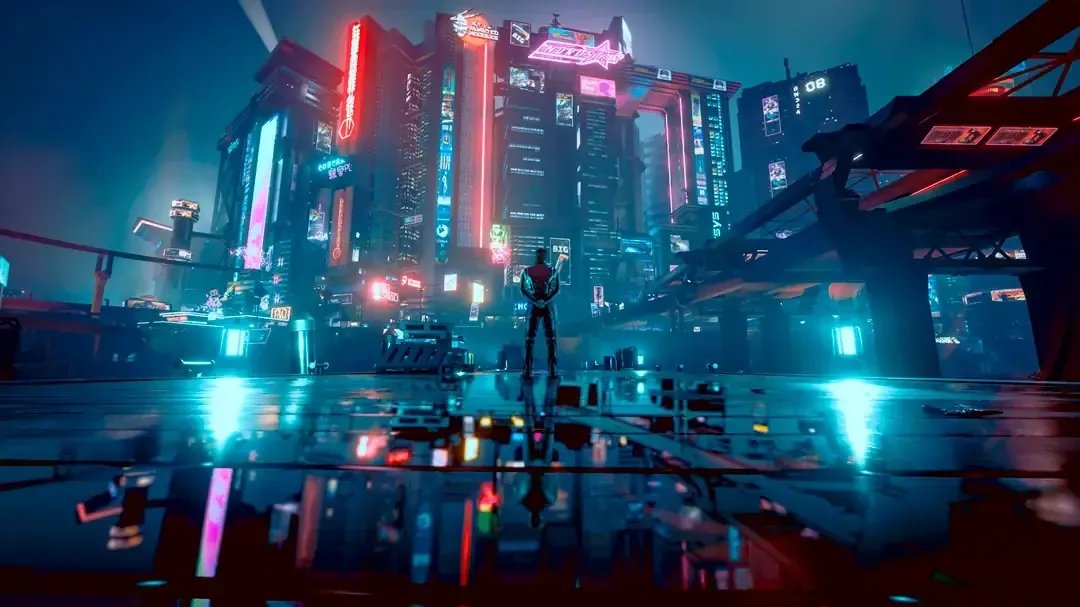 A figure standing in a neon-lit cyberpunk city at night, reflected in wet ground