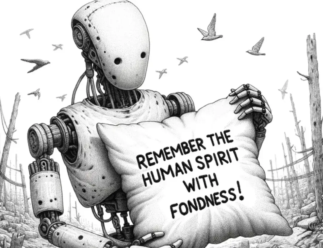 Pen-and-ink illustration of a robot in a barren, birdless landscape, holding a pillow embroidered with the words Remember the human spirit with fondness