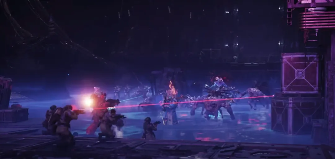 Three Space Marines firing into a swarm of Tyranids beneath a void shield