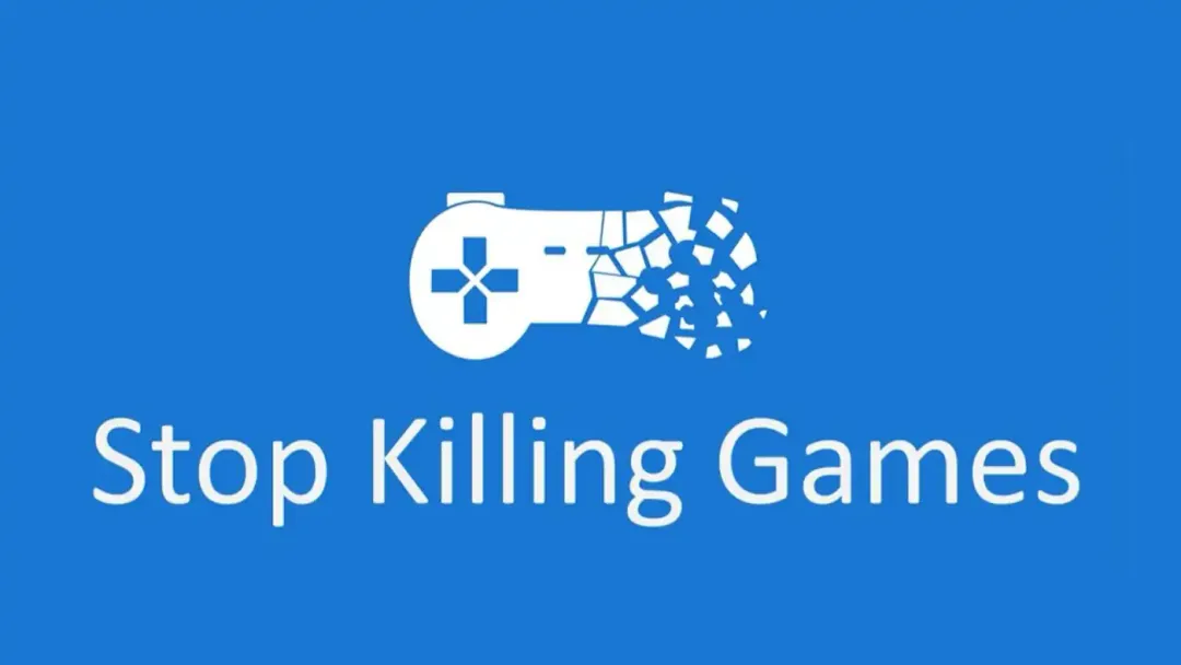 The Stop Killing Games campaign logo: a white game controller dissolving into fragments on a blue background, above the words Stop Killing Games