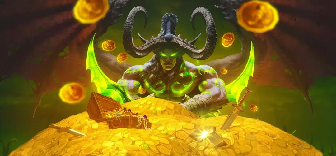 A horned demon hunter looming over a treasure chest and a heaped pile of gold coins