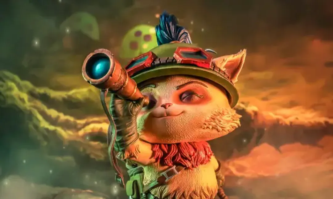 Teemo, the yordle scout from League of Legends, peering down the scope of his blowgun